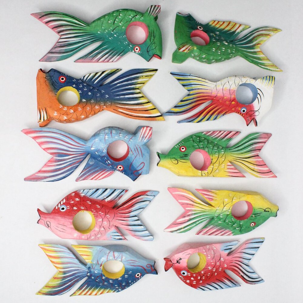 Set of 10 Hand Painted Fish Napkin Rings Holders Wooden Tropical Hawaiian Cabin
